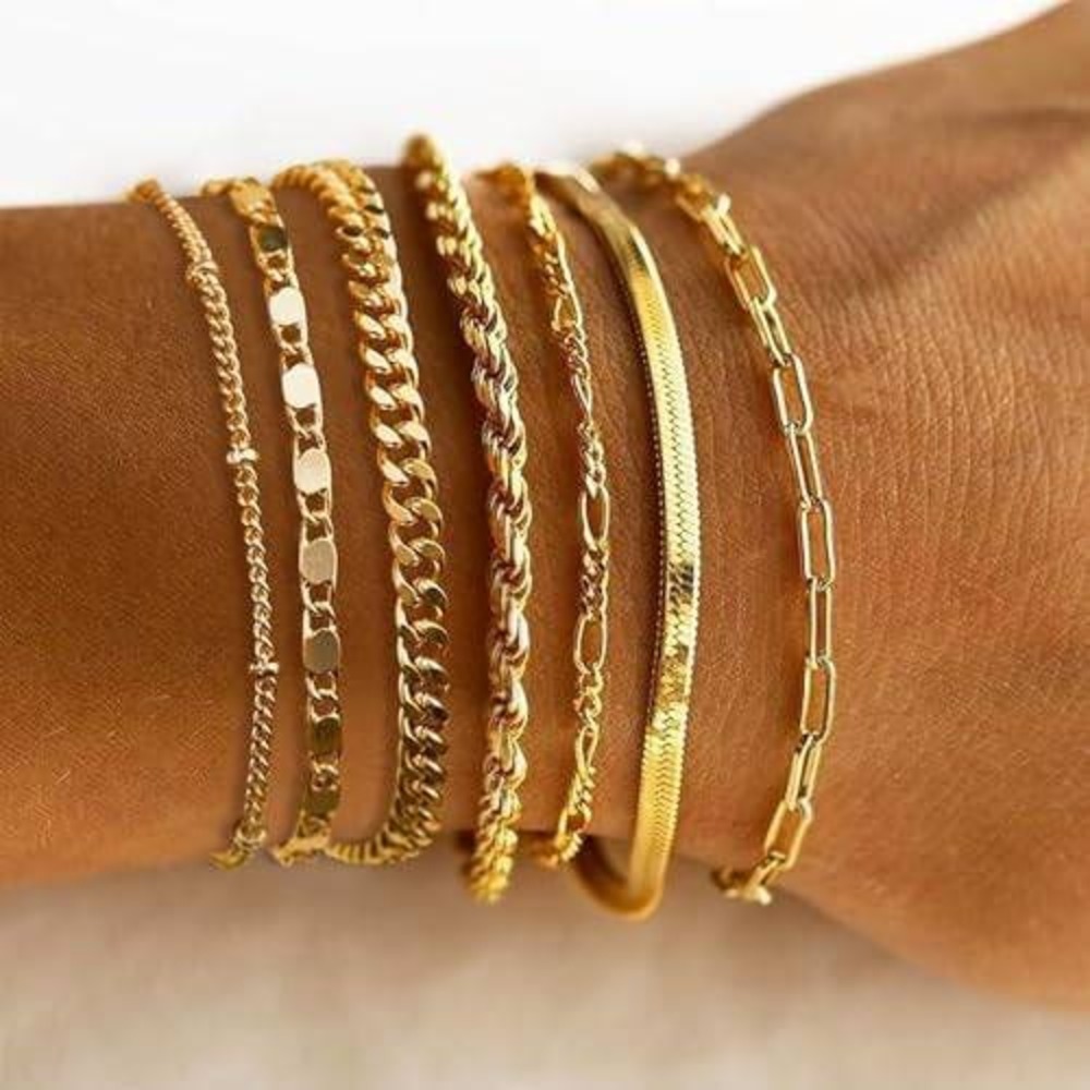 7pc Gold Chain Bracelet Set Cuban‎ Herringbone Rope Paperclip Link Layering Set